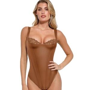 Popilush Shapewear Faux Leather Lace Balconette Sculpting Bodysuit NWT